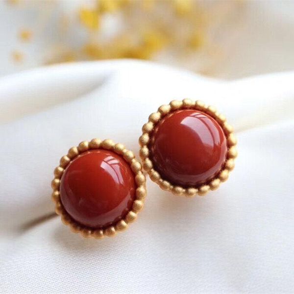 

stud original unique craft ancient method gold inlaid round chalcedony earrings chinese style personality ladies silver jewelry, Golden;silver