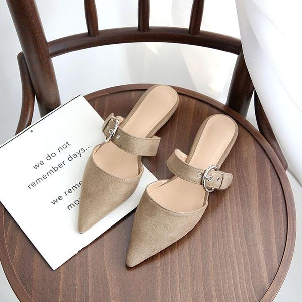 

slippers pointed toe half female summer wear fashion sandals flat bottom wild heelless lazy shoes, Black