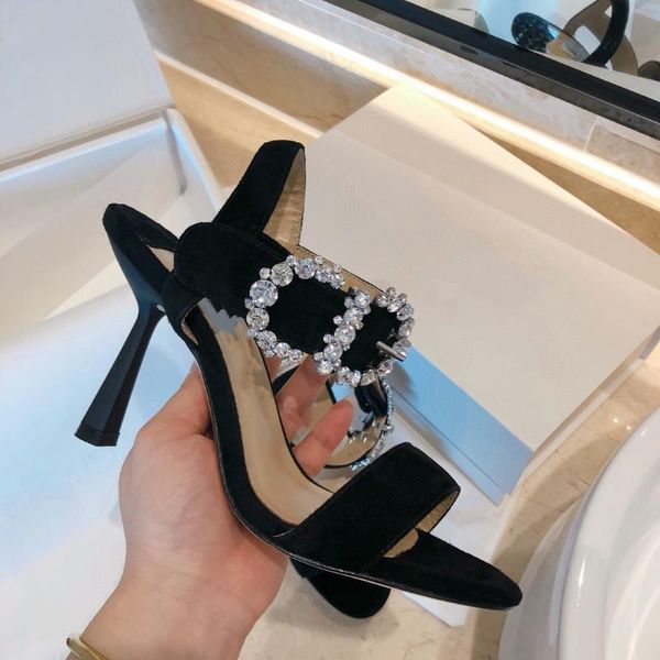 

leather 2021 fashion web celebrity women's spring/summer peep-toe shoes with rhinestone thin high-heel sandals dress, Black