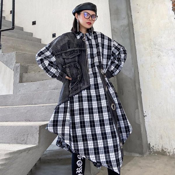 

casual dresses fairynatural spring fall korean style women loose dress ladies denim patchwork plaid retro streetwear vestidos big size, Black;gray