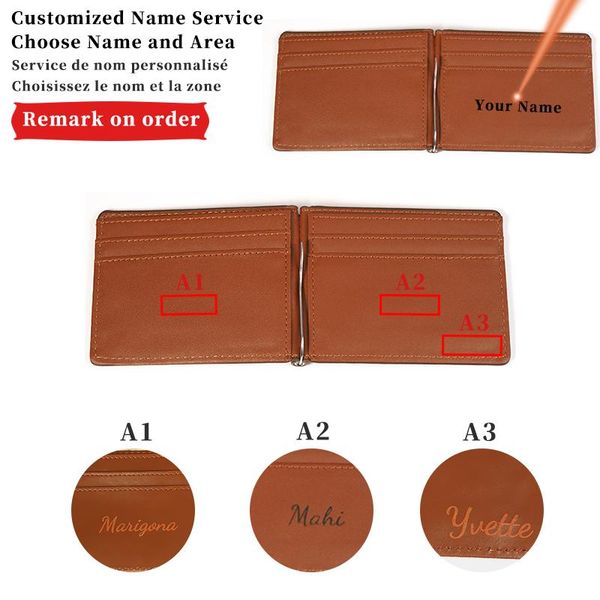 

custom name vintage money clip slim bifold short wallets multi card slots leather luxury business cards wallet male metal clips, Red;black
