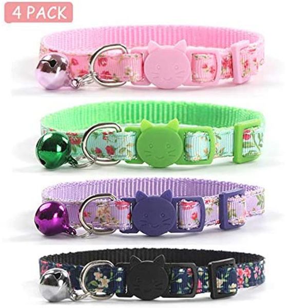 

cat collars & leads 4 pcs safety breakaway with bell adjustable kitten collar floral colorful patterned soft strong nylon strip for pets