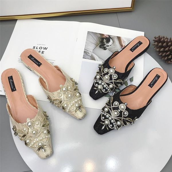 

slippers elegant embroider pointy toe mules ladies luxury pearl crystal solid flats summer women shoes lazy slip-ons flip flops, Black