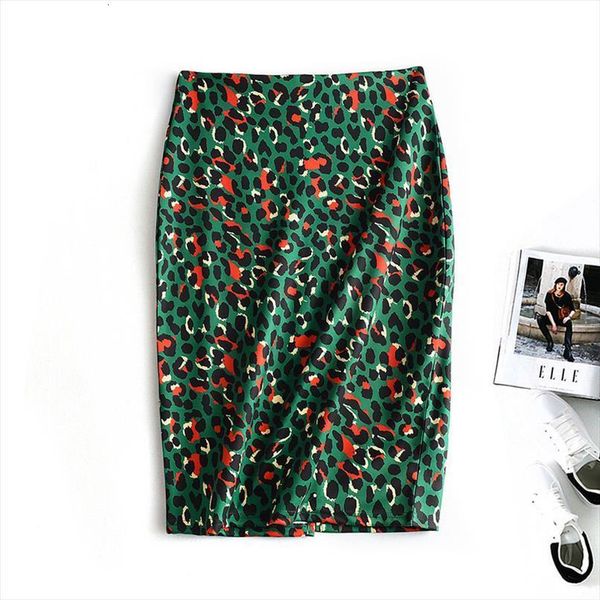 

korean green leopard print women skirts stylish slim midi pencil high waist back zipper jupe femme, Black