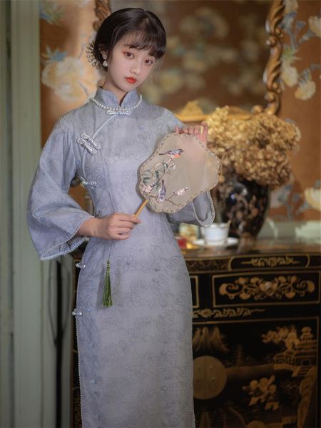 

ethnic clothing oriental dress grey blue large cheongsams embroidery qipao dresses middle long sleeve modern wind cheongsam woman costume, Red