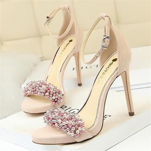 

summer candy color string bead sandals flock party shoes women open toe 11cm thin high heels ankle buckle strap stilettos, Black