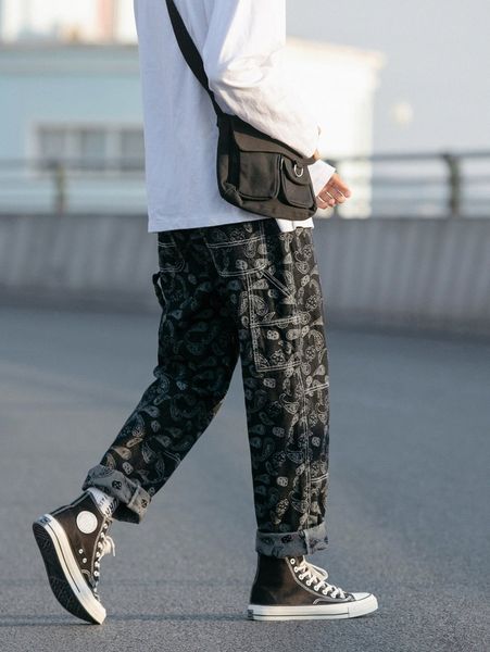 

men paisley print straight leg jeans e1ki#, Blue