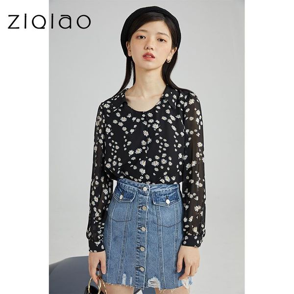 

women's blouses & shirts ziqiao women black daisy chiffon shirt neckline design, White