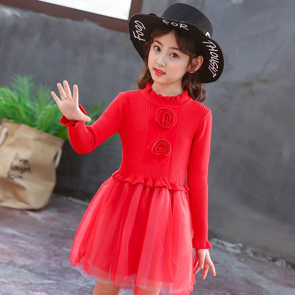 

girls knitted dress flower appliques girls sweater dress kids thcik warm kids dress autumn winter kids costume, Red;yellow