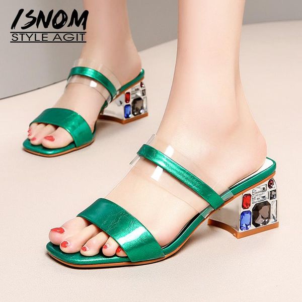 

slippers isnom transparent pvc woman open toe footwear colorful crystal heels high shoes female leather mules women summer, Black