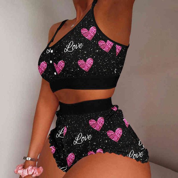 

hearts print pajamas women sleeveless cami short lingerie sleepwear set comfortable satin pajamas female nightwear home clothes, Gray