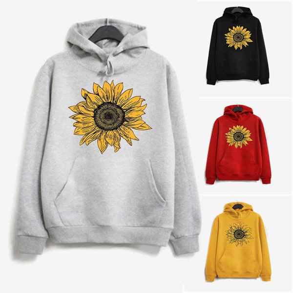 

women's hoodies & sweatshirts blooming sunflower printed women fleece long sleeve loose sweatshirt with hat girls hoodie pullovers wint, Black