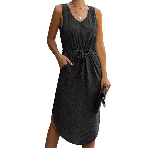 

casual dresses women's fashion solid color v-neck tethered vest dress, Black;gray