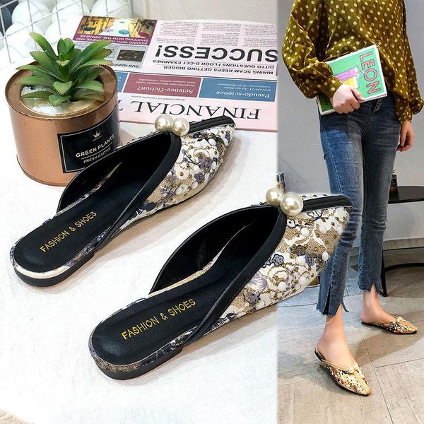 

slippers pointed women pearl drag spring 2021 low-heel flat mules, Black
