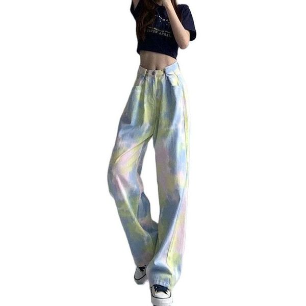 

women's jeans autumn women high-waist tie-dye 2021 casual fashion loose retro street apparel mopping trousers mom washed pants y2k, Blue