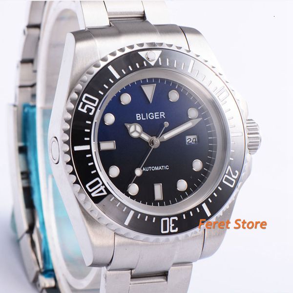 

44mm bliger blue dial black cover ceramic luminous marks date glass rvs case automatic movement men's watch b51, Slivery;brown