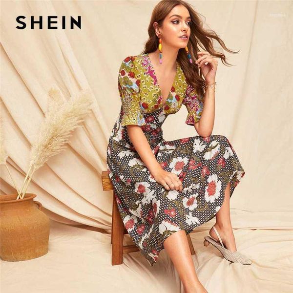 

casual dresses shein boho multicolor shirred cuff mixed print fit and flare summer long dress women deep v neck puff sleeve a line dres, Black;gray