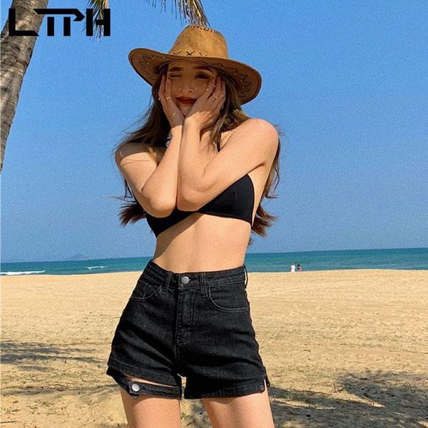 

women's jeans ltph skinny package hip denim shorts women ins streetwear casual hollow leg buckle design straight bottoms 2021 autumn, Blue