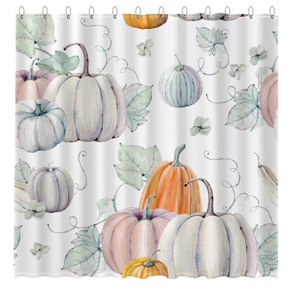 

autumn pumpkins shower curtain set with hooks rustic thanksgiving fall harvest watercolor green leaves bathroom bathtubs decor