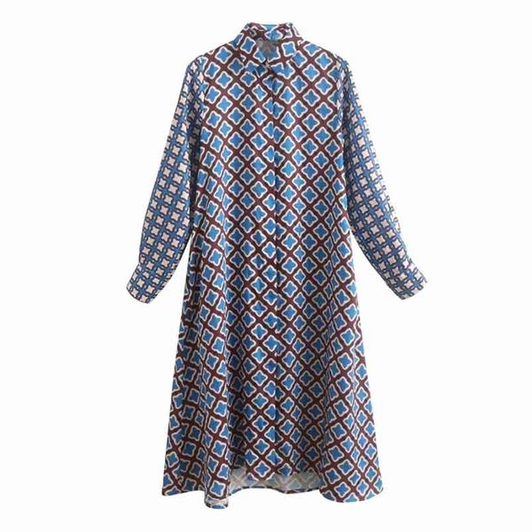 

women summer vintage print dress long sleeve turn-down collar buttons es female elegant straight shirts vestidos 210513, Black;gray