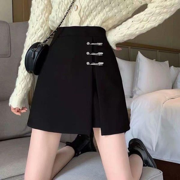 

skirts side big pins diamonds black skirt mini short high waist spring girl cool jupe femme falda mujer