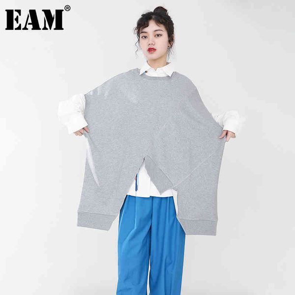 

[eam] loose gray asymmetrical sweatshirt round neck short sleeve women big size fashion spring autumn 1dd381702 21512, Black