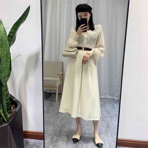 

summer simple solid color high waist slimming belt long skirt casual elegant all-match women pleated 210527, Black