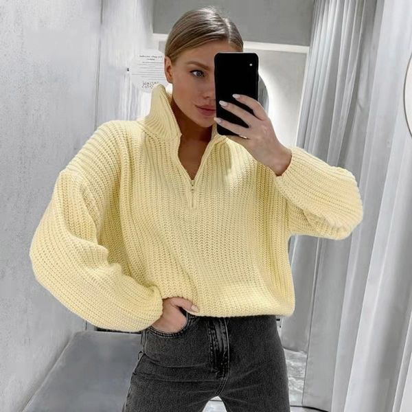 

women's sweaters 2021 autumn winter women sweater solid color zipper knitted long sleeve casual half high collar loose pullover, White;black