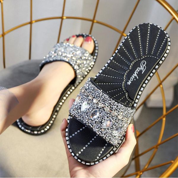 

slippers slides leisure ladies wild flat shoes shiny outdoor female fashion beach woman sandals summer rhinestone rubber, Black