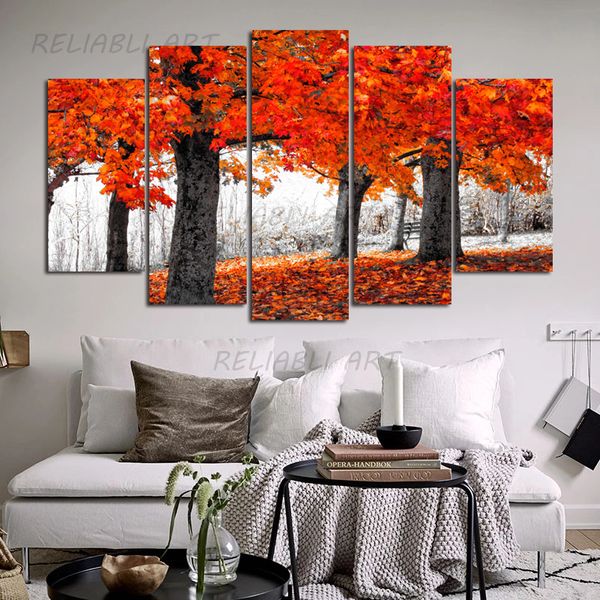 5 панелей / набор красных деревьев плакат дома декор холст печать стены искусства для гостиной лесной пейзаж картинки стены живописи пейзаж