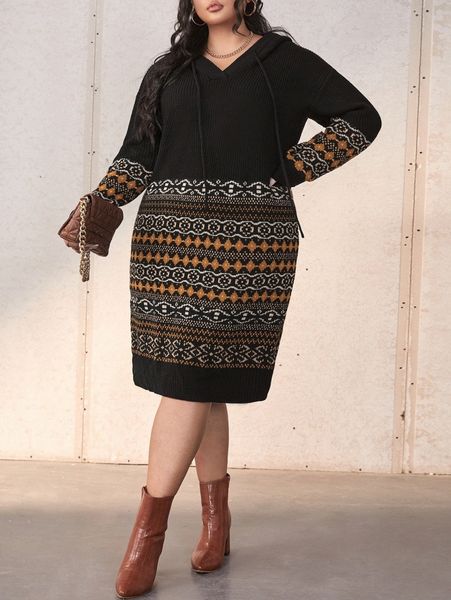 

plus geo pattern drop shoulder drawstring hooded sweater dress l8gc#, Black