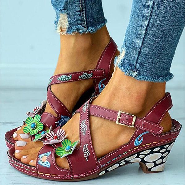 

sandals women mid heel summer casual flower pattern ladies buckle strap print high heeled shoes for, Black