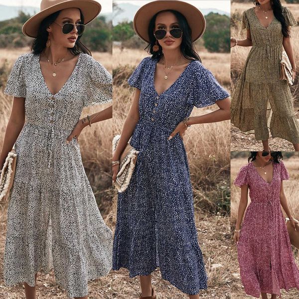 

women dress bohemian short sleeve v-neck print dot dress for summer women elegant vacation women dress for summer beach 210712, Black;gray