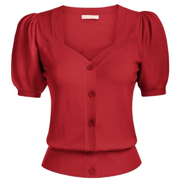 

women's t-shirt women vintage v-neck cardigan sweater comfy puffed short sleeve knitwear bubble square peach heart collar cardig, White