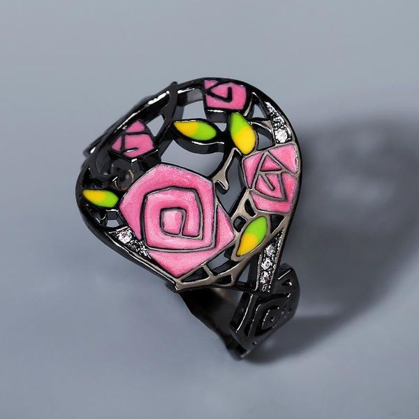 

cluster rings fashion personality black rose lady flower ring 925 silver jewelry hand-painted oil painting handmade enamel women, Golden;silver