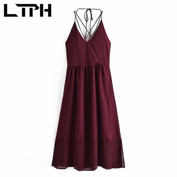 

ltph ins style burgundy camisole dress women long slim sleeveless backless v-neck big hem dresses spring summer 210423, Black;red