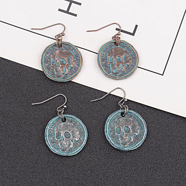 

vintage bronze bohemian ethnic style earrings round alloy pendant skull shape carving decoration 2021 jewelry gift dangle & chandelier, Silver