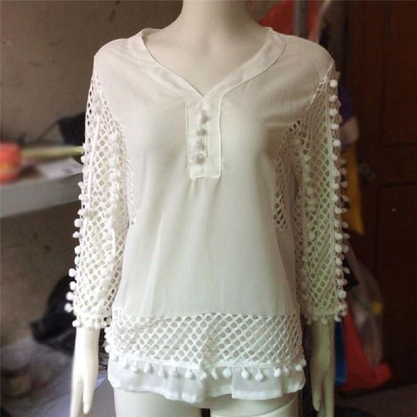 

fashion women tassel blouse 2021 arrival v neck loose female plus size casual shirt summer chiffon women's blouses & shirts, White