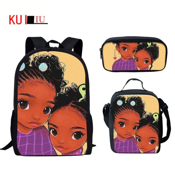 

backpack kuiliu children school bags for teenage cute afro sister girl 3pcs/set africa american kids printing satchel
