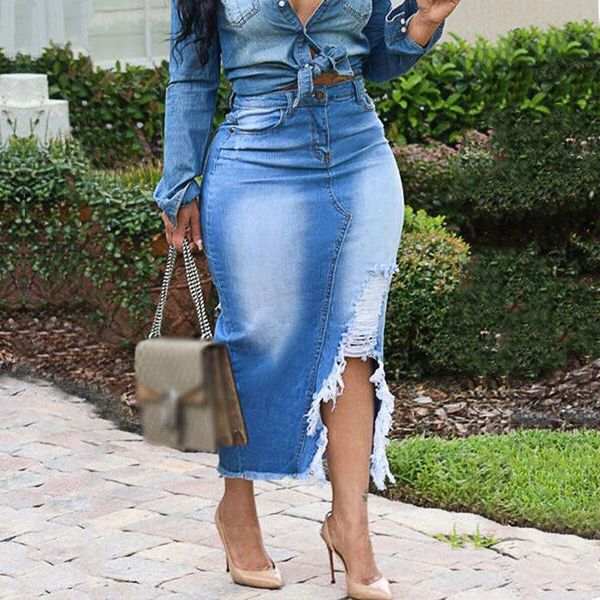 

skirts women bag hip slim cut denim mid-length skirt womens asymmetrical pencil jean casual elegant high waist work wear, Black