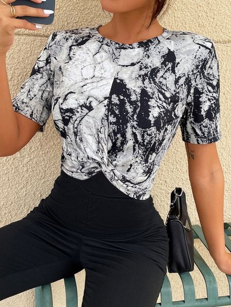 

graphic print twist hem tee b9sx#, White