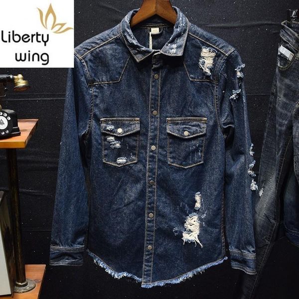 

men's casual shirts camisa masculina spring fasahion shirt slim fit blouse hip hop hole ripped jeans man long sleeve blusas, White;black