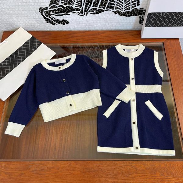 

clothing sets designer childrens girls 2021 early autumn celebrity temperament two-piece knit suit skirt, simple gene dress set, White