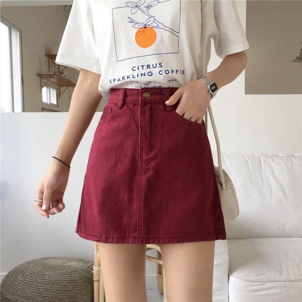 

high waist burgundy denim type women skirts a line purplish red workwear short japanese style woman faldas jupe, Black