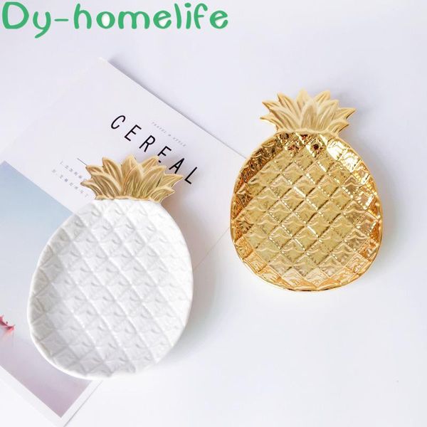 

kitchen storage & organization nordic fashion electroplated golden pineapple leaf jewelry plate ceramic tray home decoration