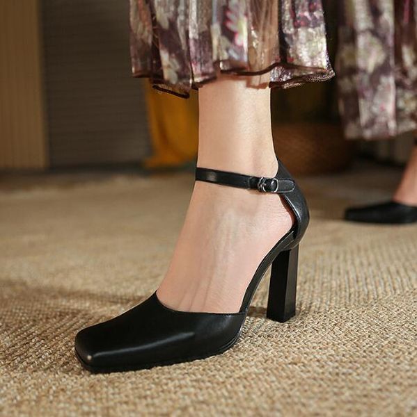 

spring lady's black cow leather horse fur square toe pumps woman 9 cm heels buckle shallow simple party dress shoes