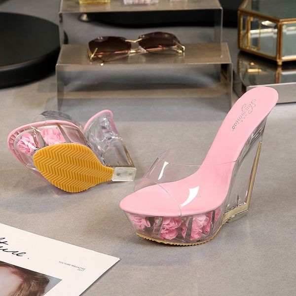 

hoksvzy super high heel cool slipper transparent special-shaped crystal slipper waterproof platform 15cm wedges women sandal gjh54532, Black