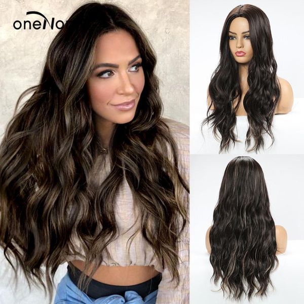 

onenonly long wave middle part ombre dark brown blonde natural synthetic wigs for women party daily use hair cosplay wig, Black