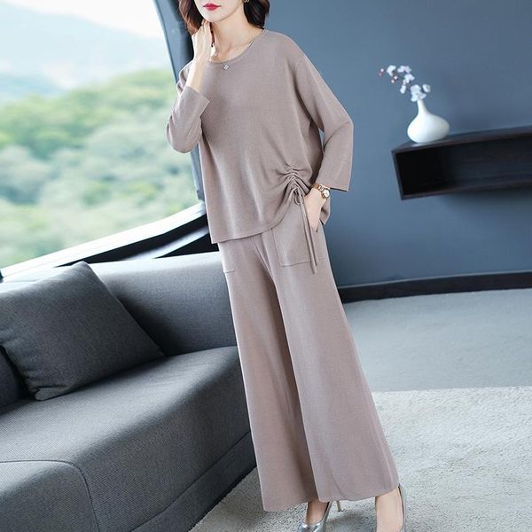 

women's knitted suit 2 pieces set women autumn thick warm o-neck loose sweater+ankle-length pants wide legs y213 tracksuits, Gray