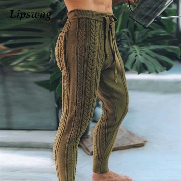 

autumn winter men fashion slim fit knitted pants casual zipper jogging trousers men's mid waist drawstring streetwear 211008, Black
